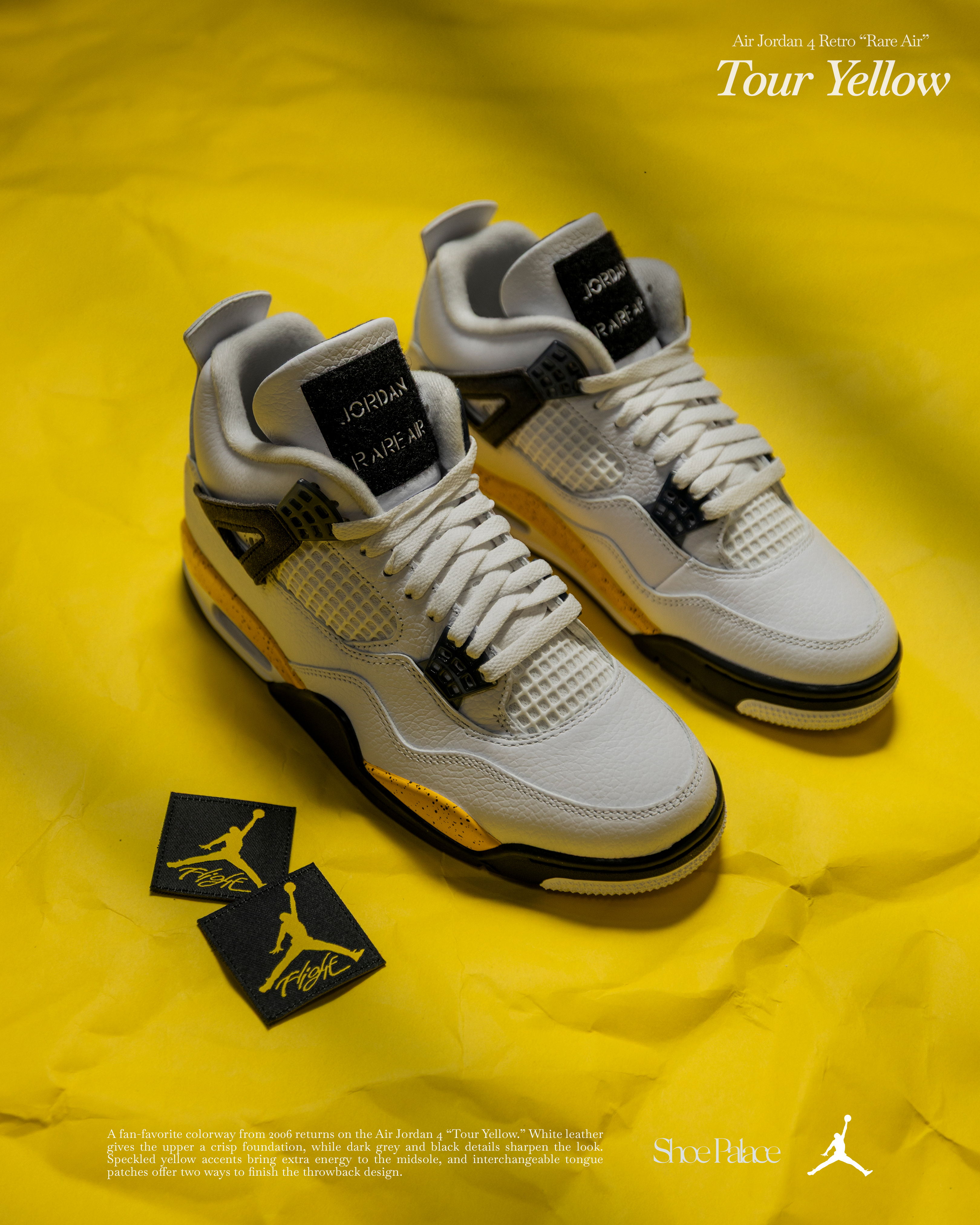 A pair of white and yellow Air Jordan 4 sneakers on a yellow background.