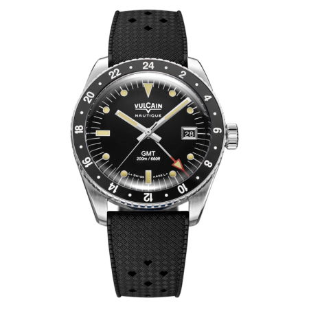 Black watch with a silver case and rubber strap, featuring a GMT function.
