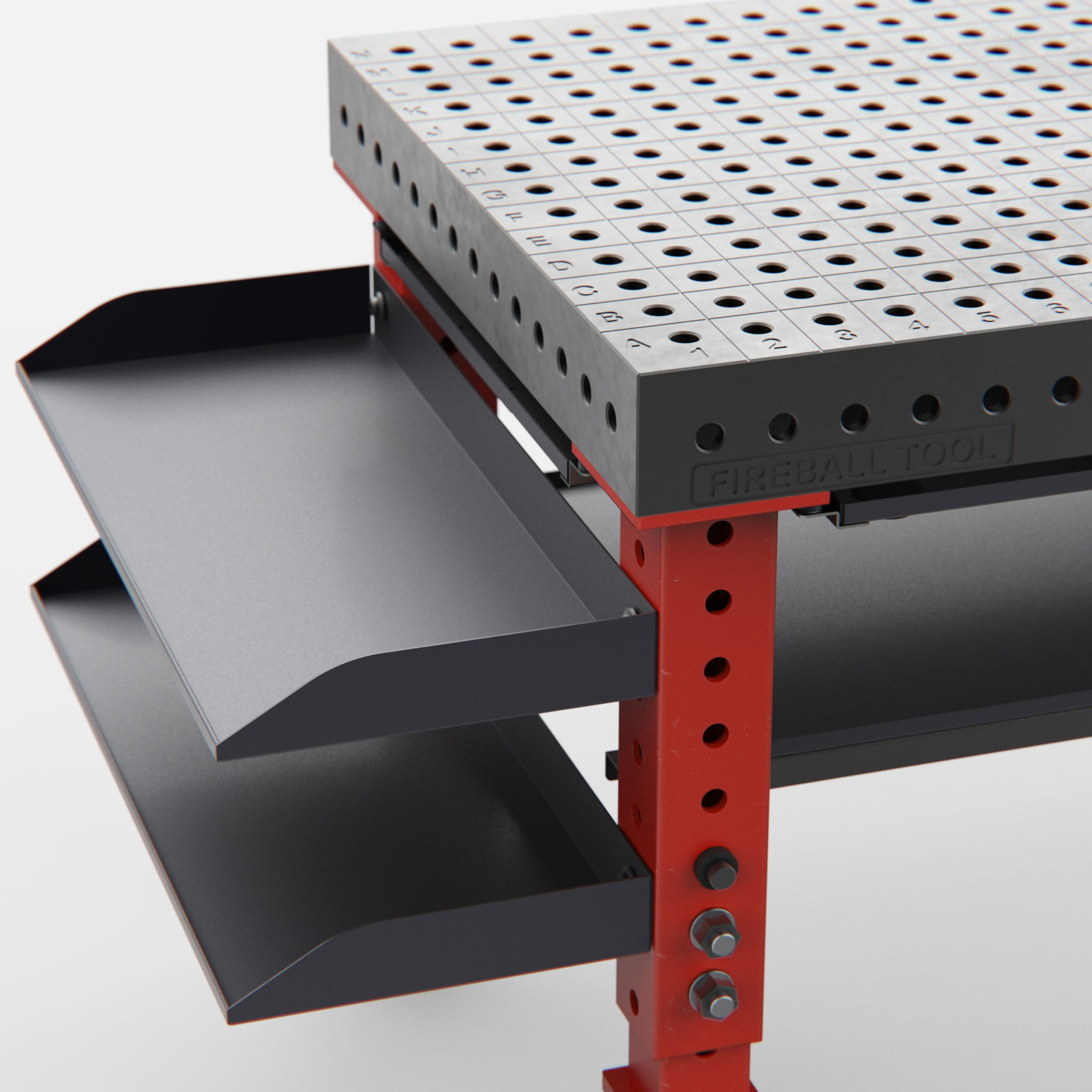 Workbench with perforated top and two side shelves.