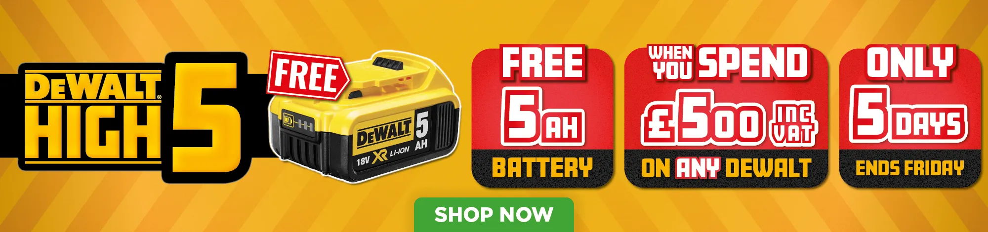 Dewalt promotion with free items and spending offers on a yellow background.