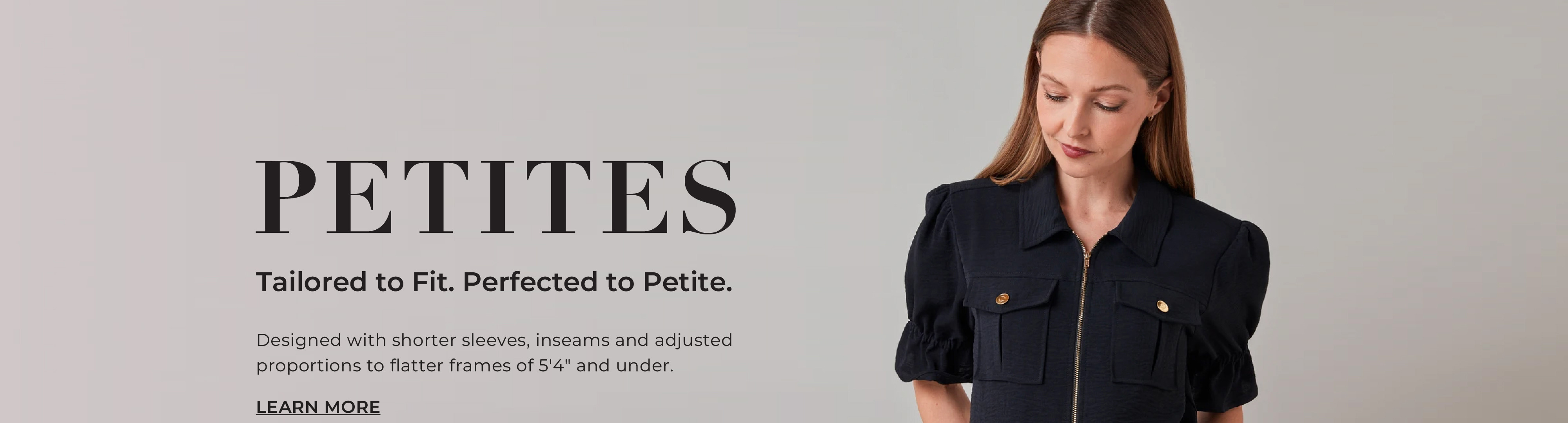 Model wearing stylish clothing, promoting petite fashion collection. Text: 