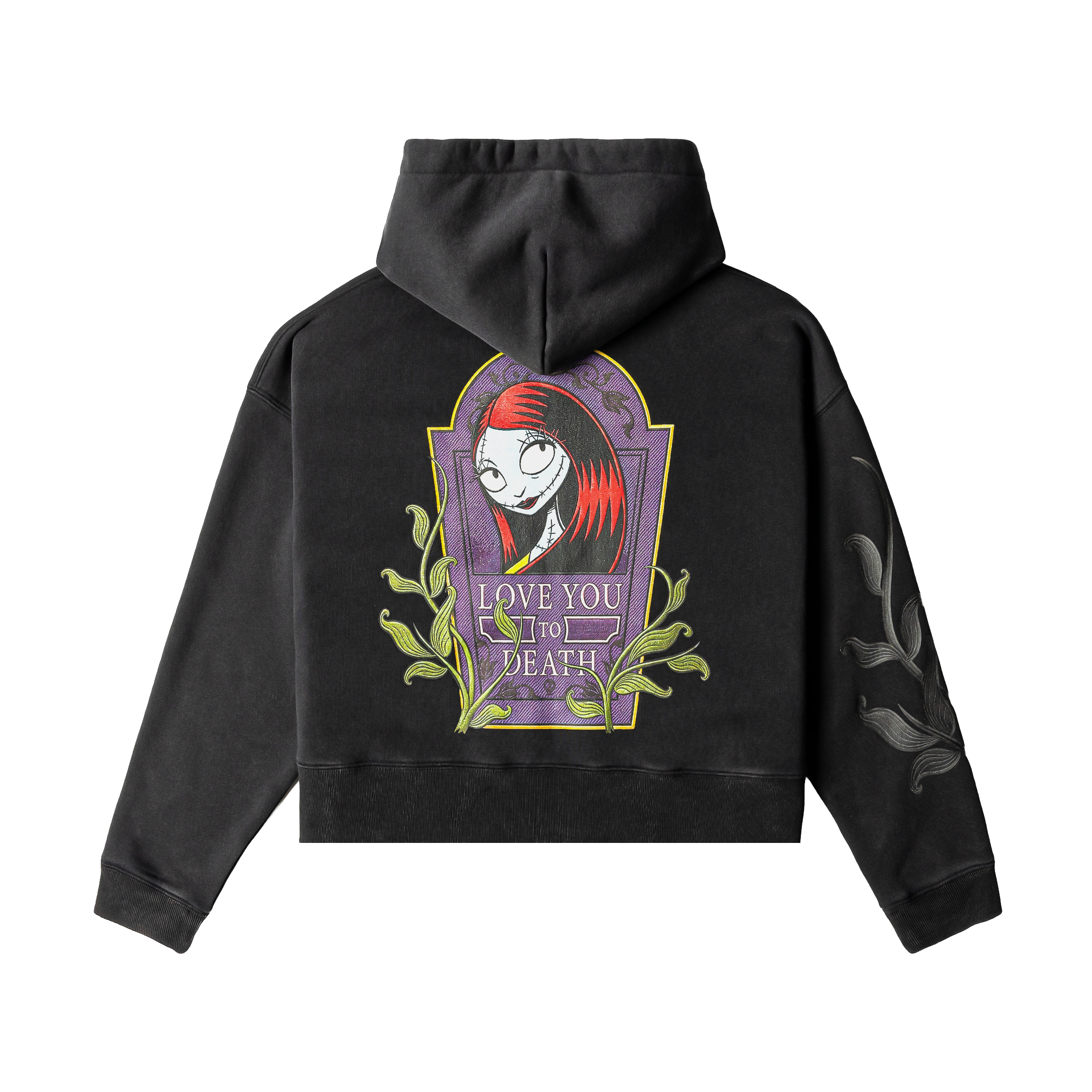 Black zip-up hoodie with colorful graphics on sleeves and front.