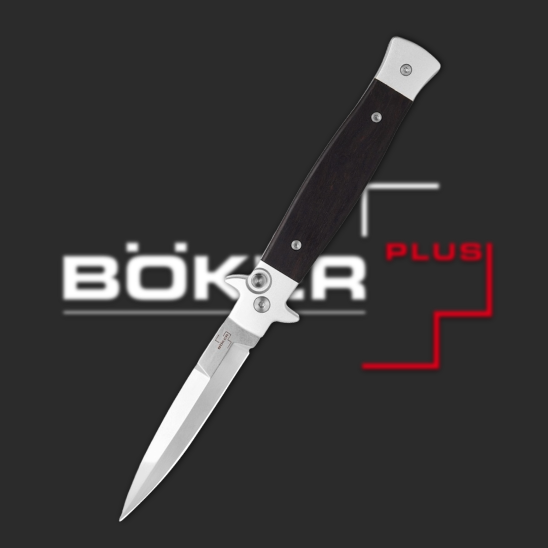 A folding knife with a stainless steel blade and black handle.