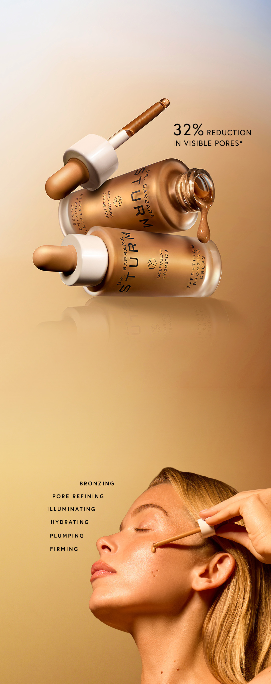 Serum bottles with woman applying product to her face, promoting skin benefits.