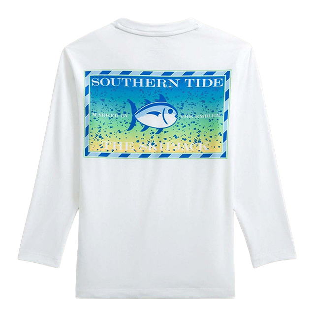 White long-sleeve shirt with a blue fish graphic and 