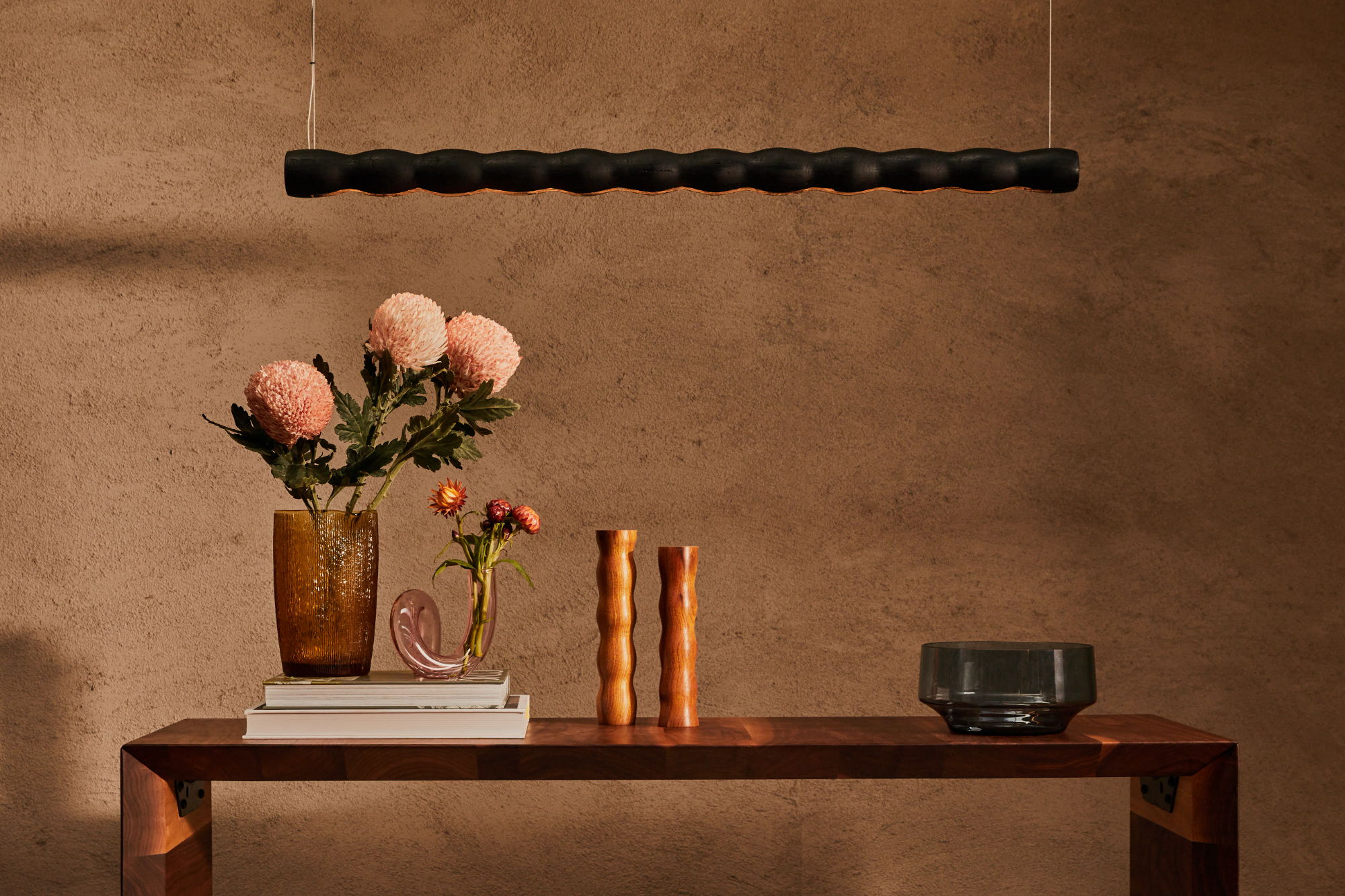 Handmade Timber Linear Pendant | Turn over a side table