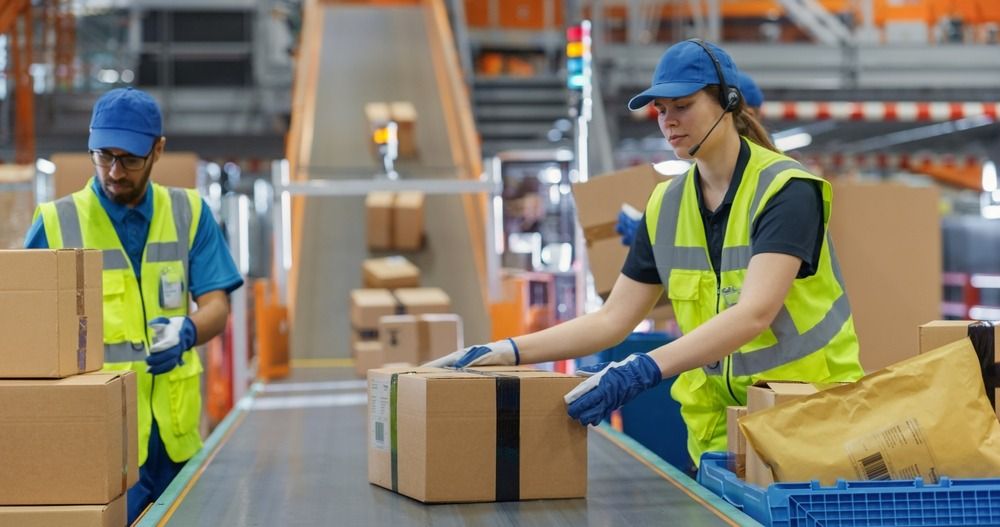 Two workers sorting ecommerce packages on a conveyor belt in a warehouse.
