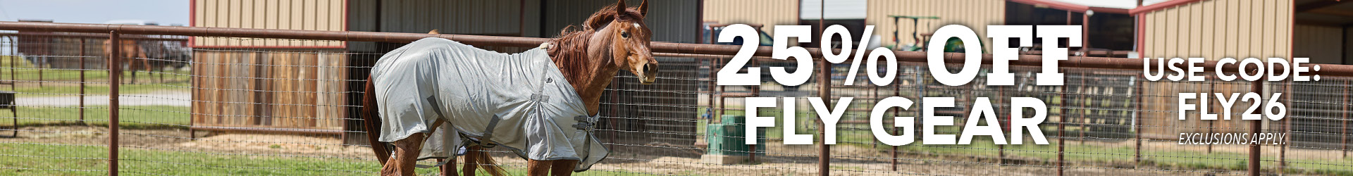 Horse wearing fly gear with a promotional text for 25% off.