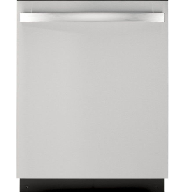 Silver dishwasher with a stainless steel handle.