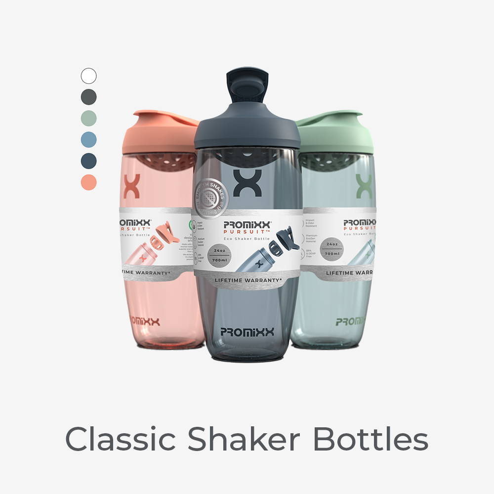 Classic Shaker Bottles. Image of a collection of three PURSUIT classic shaker bottles in coral, midnight blue and sea grass green. 