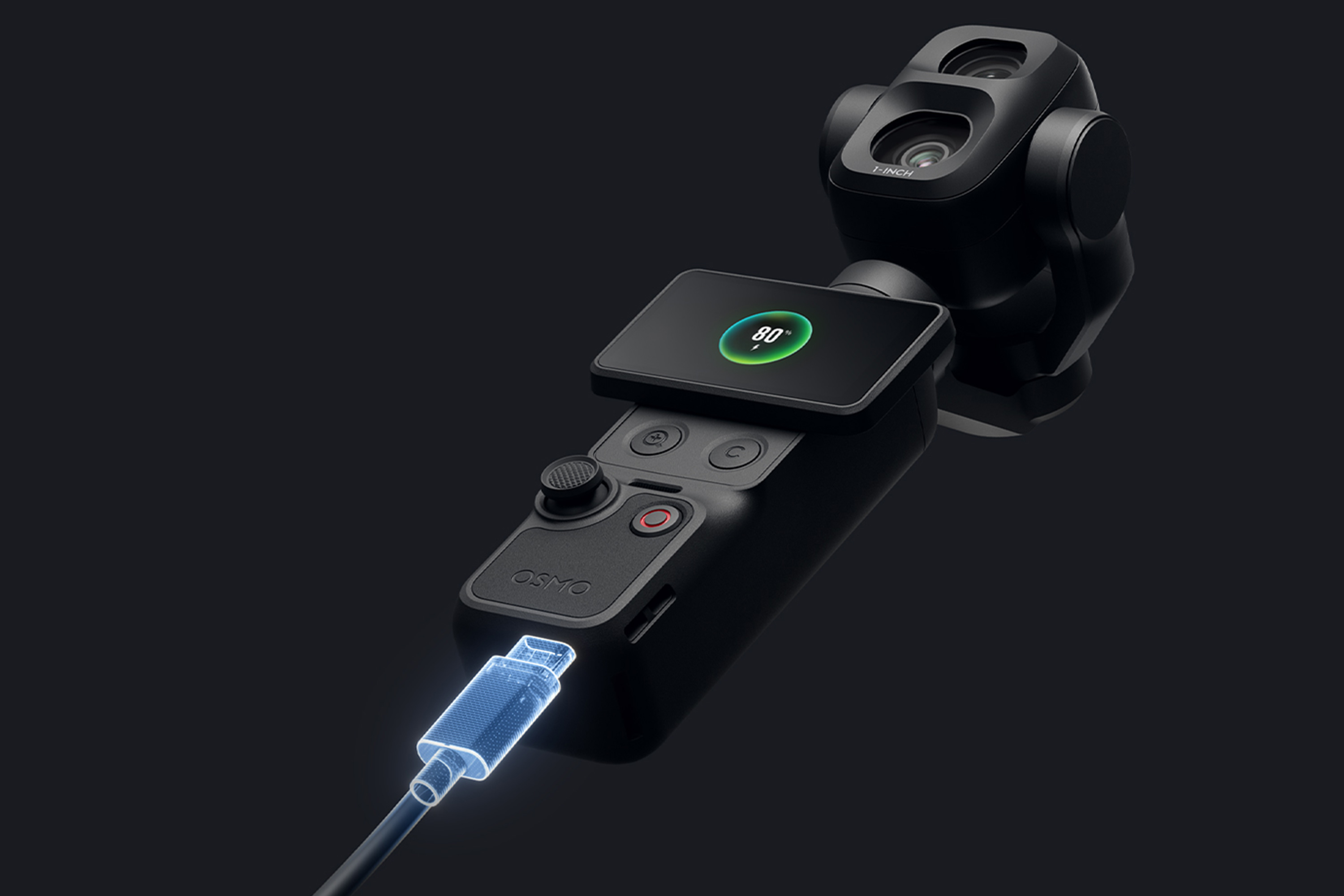 The Osmo Pocket 4P with a charging cable connected.