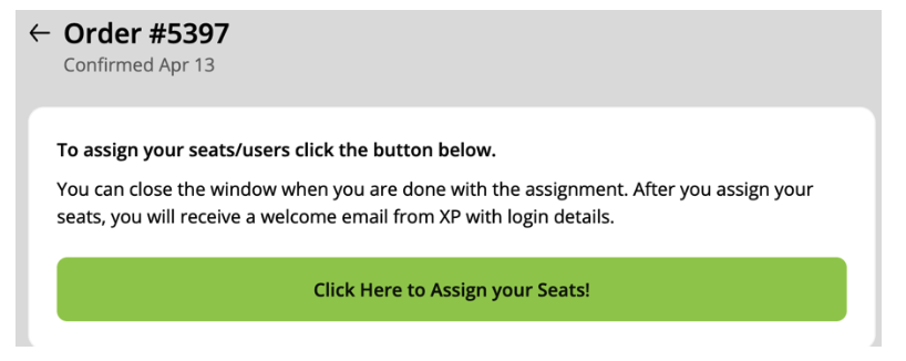 Order confirmation with instructions for assigning a seat in a course.