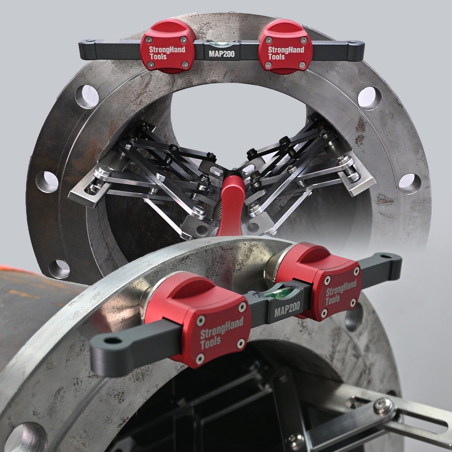 Two metal pipe clamps with red handles on a gray background.