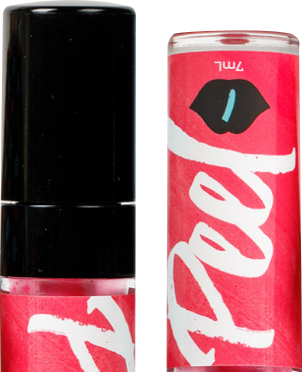 Lipstick tube with pink packaging and black cap, labeled 