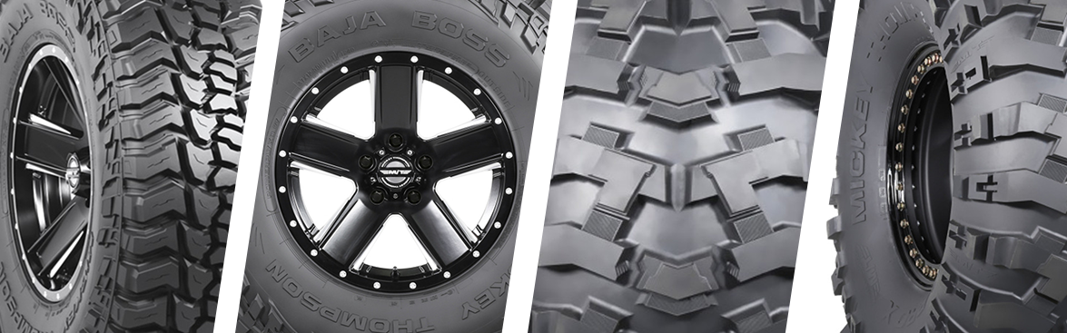 Photo collage of Mickey Thompson wheels and tires.