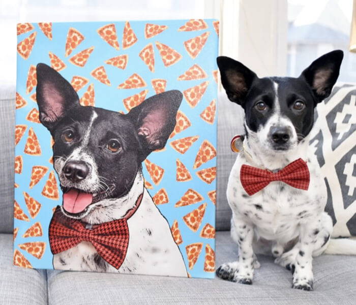 cute dog with bow tie next to pop your pup pizza canvas