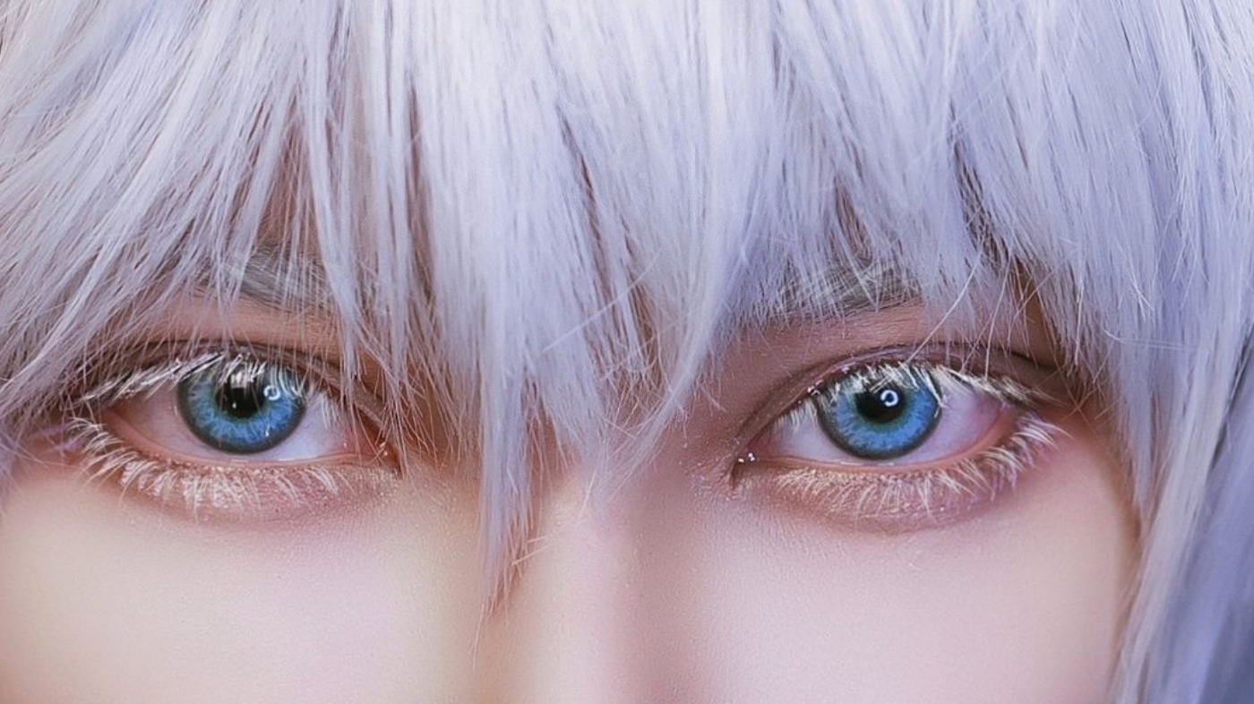 Close-up of cosplayer’s eyes highlighting expressive makeup and colored contact lenses for an intentional character interpretation