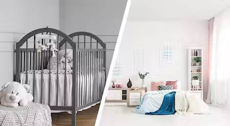 Photo of crib in small sized baby room and bed in large sized bedroom