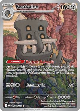 Bastiodon Pokémon card featuring its abilities and attack details.