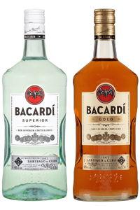 Two Bacardí rum bottles: one white, one gold.
