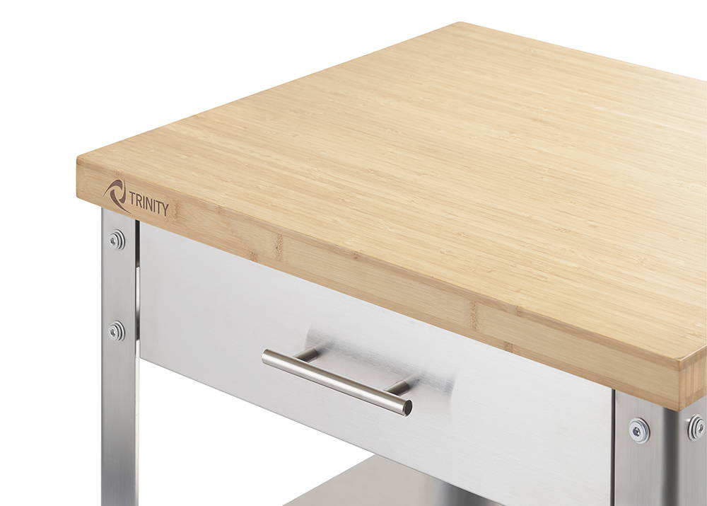 Close up view of the stainless steel kitchen cart's bamboo top