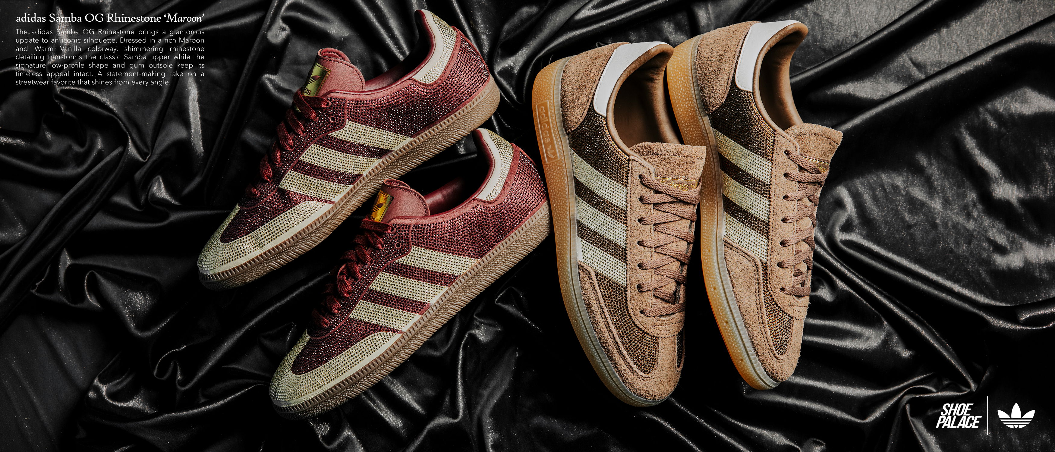 Two pairs of stylish sneakers on a black textured background.