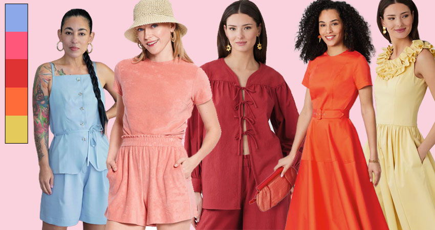 Five women wearing colorful outfits against a pink background.