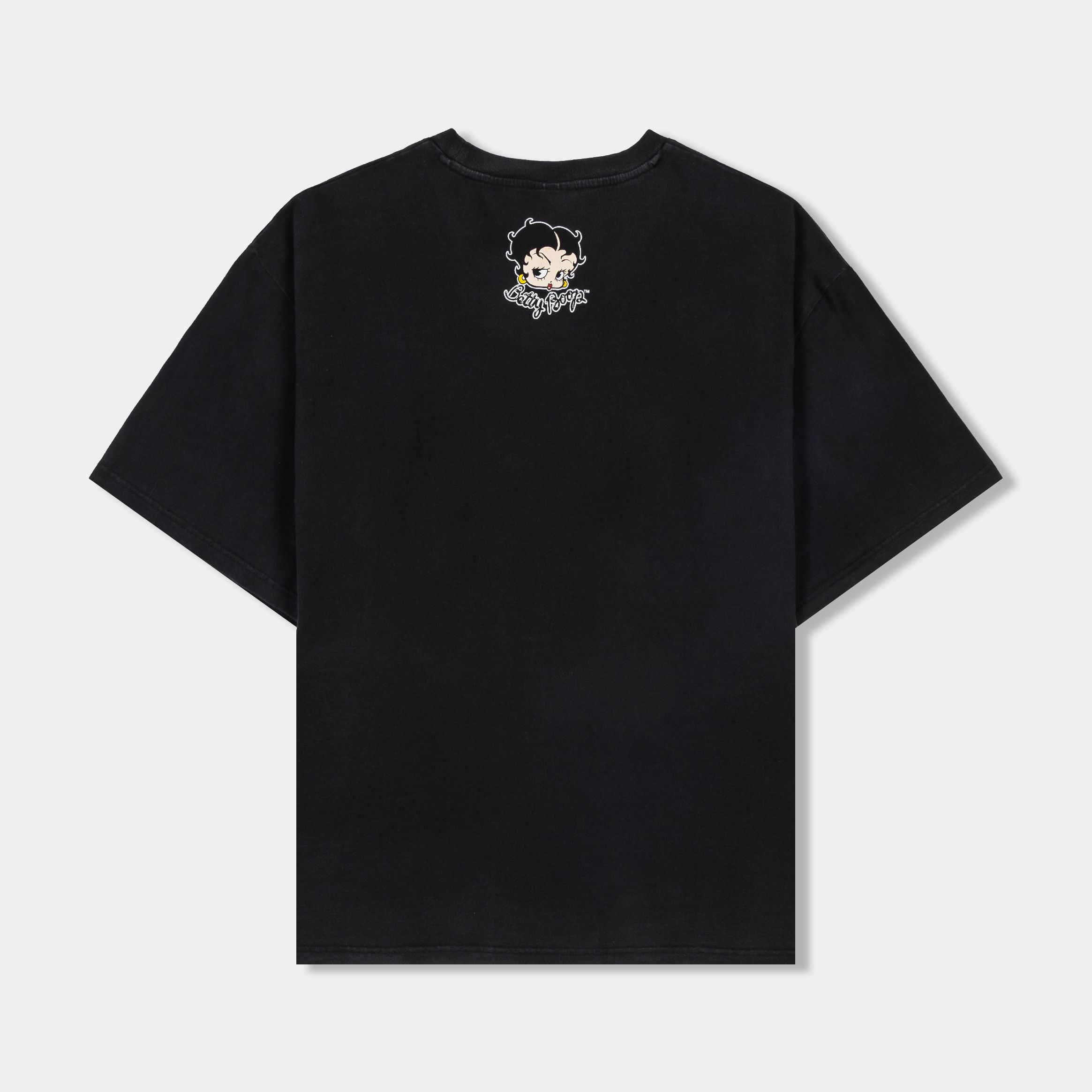 Black t-shirt featuring Betty Boop graphic design with bold text.