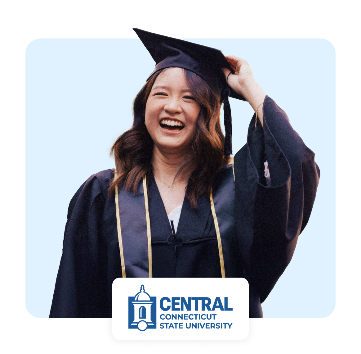 Happy graduate in cap and gown at Central Connecticut State University.