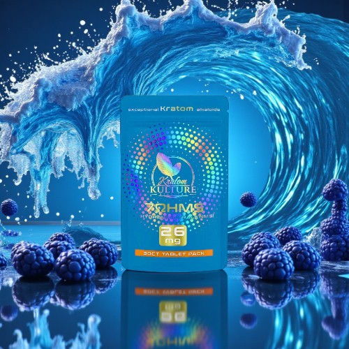 A blue product package with raspberries and a water splash background.