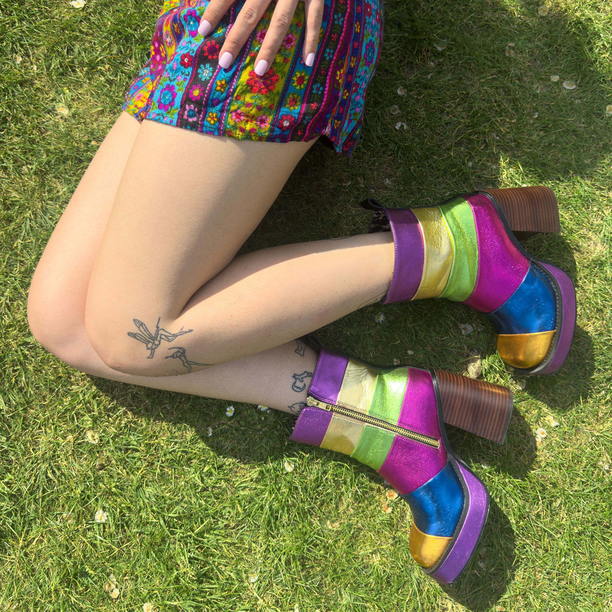 Bright striped seventies platform boots in metallic rainbow colours