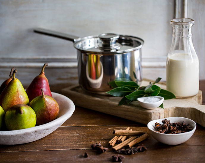 Poached Pears with Bay Salted Caramel