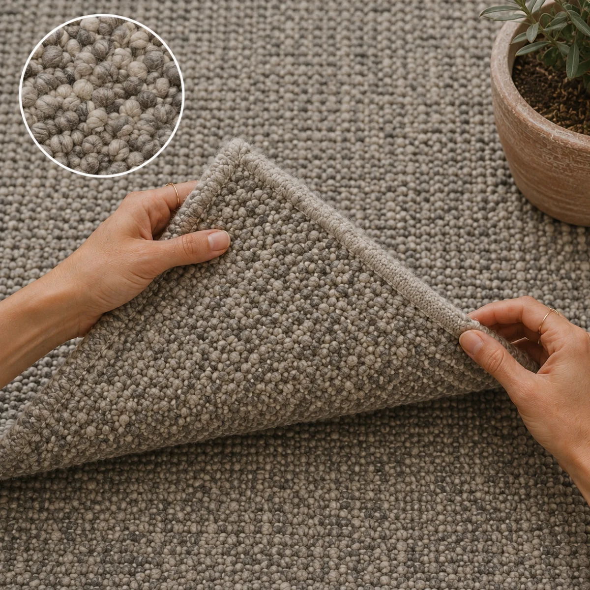 Close-up of a gray wool area rug with textured loop construction, highlighting soft natural fibers designed for outdoor living spaces. 