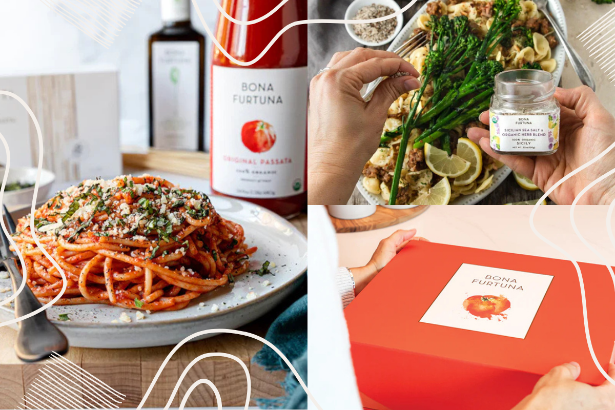 Pasta dish, sauce bottle, fresh ingredients, and gift box from Bona Furtuna.