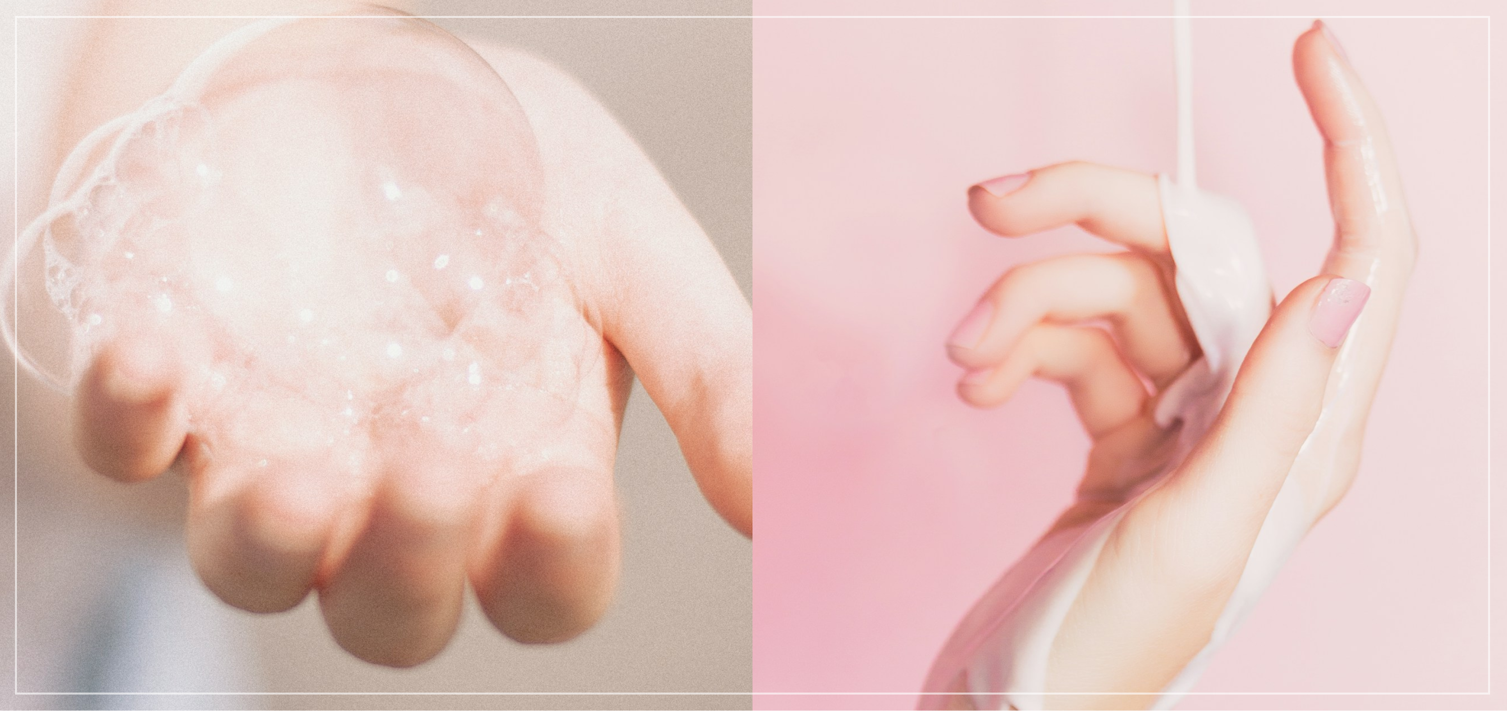 An image consisting of two smaller images: On the left there is a hand holding large soap bubbles. On the right a hand is being coated in liquid soap