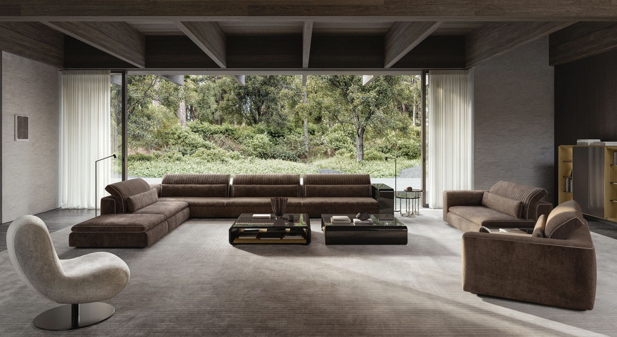 Modern living room with brown Julian Sofa by Molteni & C and large windows overlooking greenery.