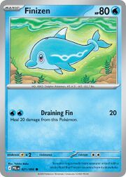 A blue dolphin Pokémon card named Finizen with healing ability.