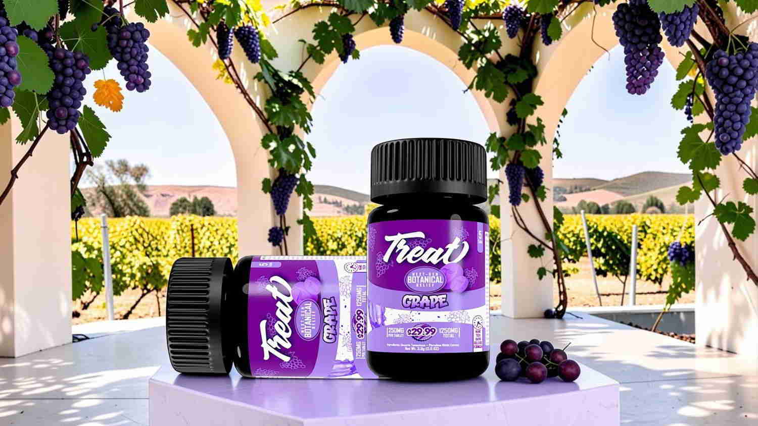 Bottles of dietary supplements in a vineyard setting with grapes.