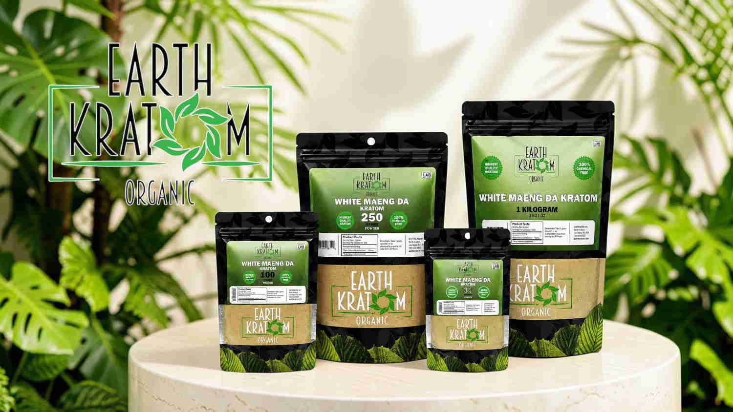 Products from Earth Kingdom displayed among green foliage.