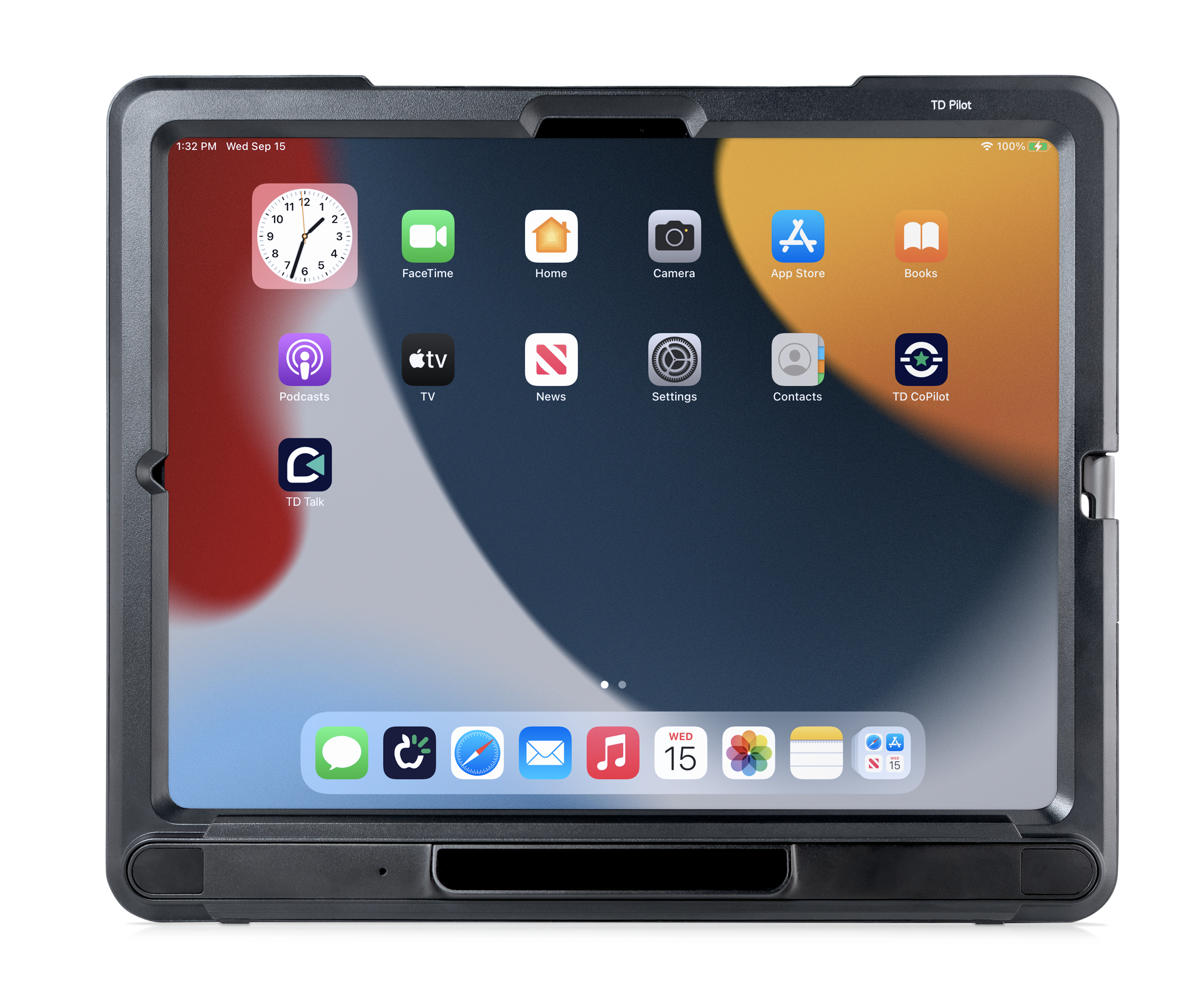 Tablet in a protective case displaying various app icons on the screen.