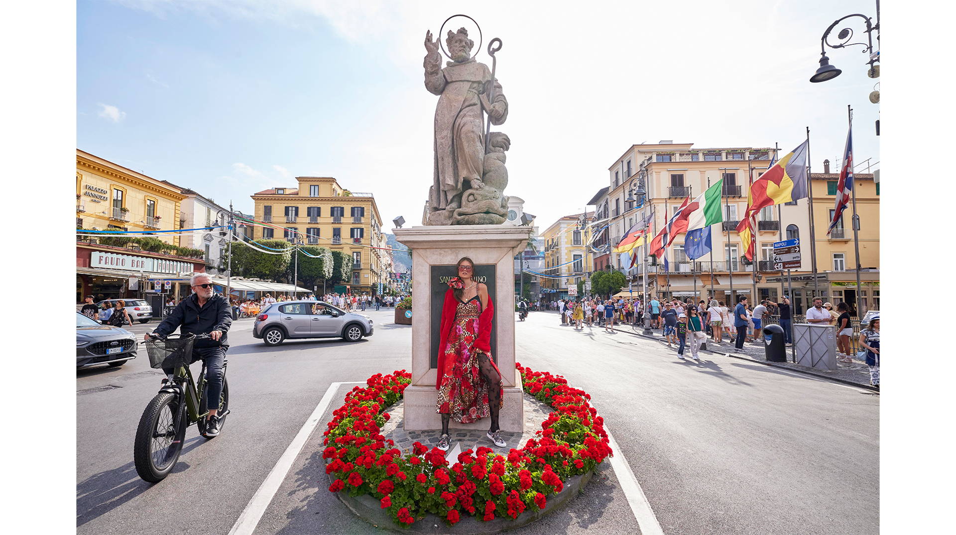 CAMILLA model in Italy wearing heart like a wildflower red rose print dress and layer