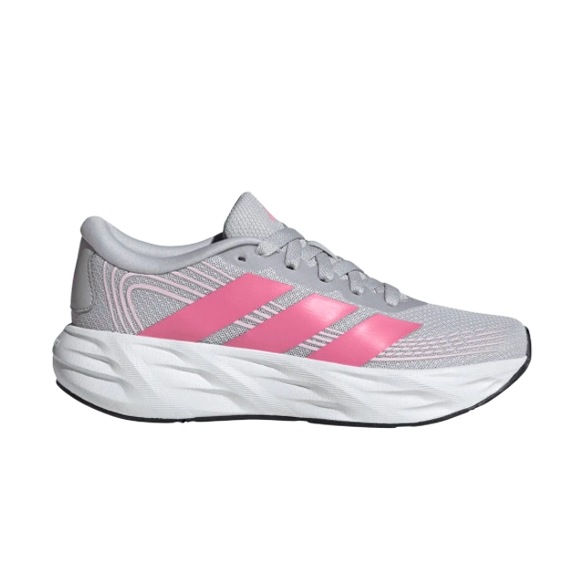 Gray athletic shoe with pink stripes and white sole.