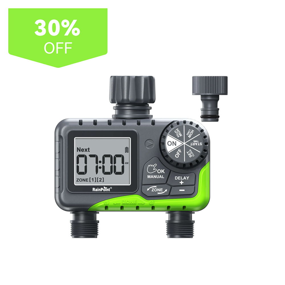 Digital irrigation timer with display, knobs, and 30% off label.