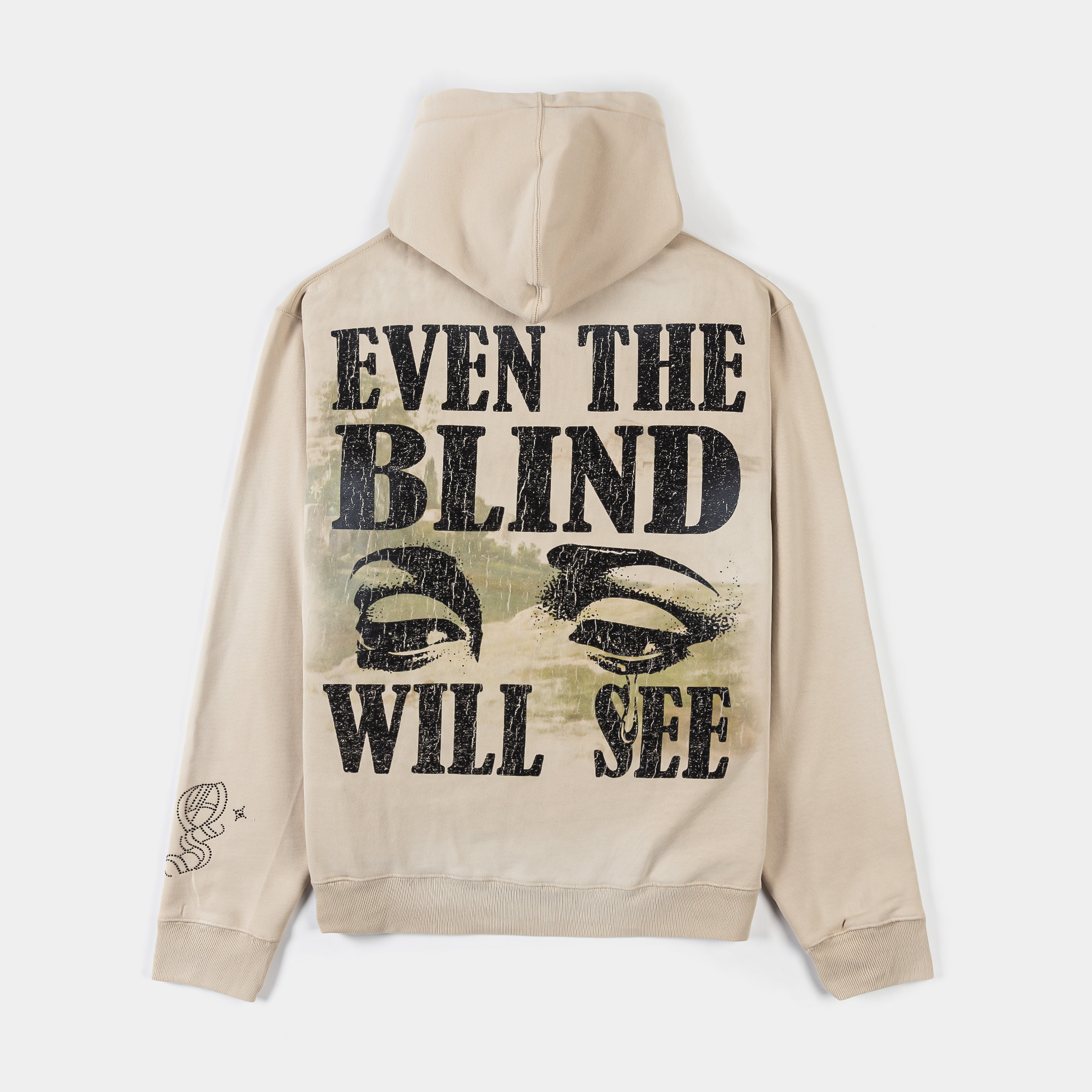 Beige hoodie with a graphic design on the front.
