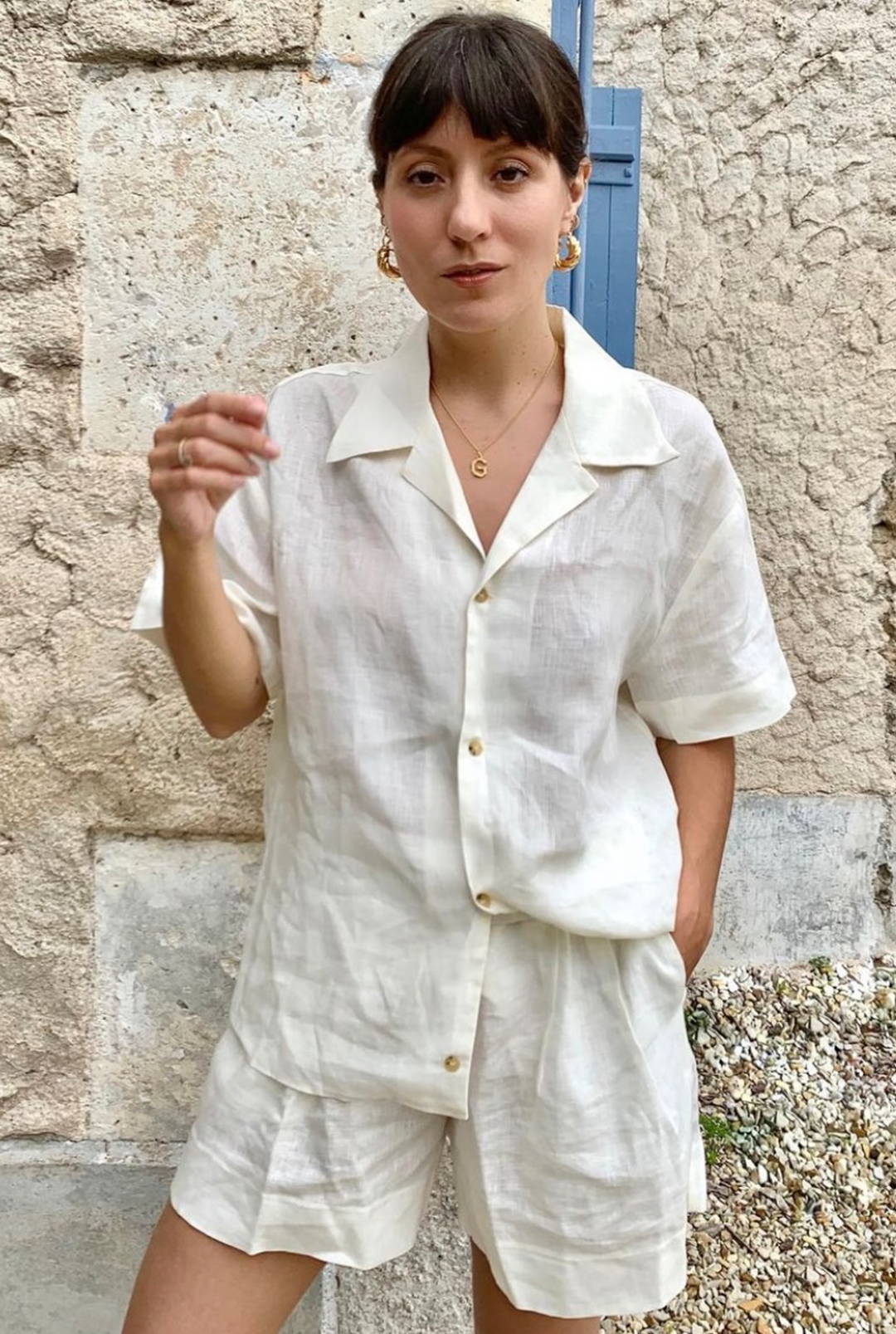 Katherine Ormerod wearing organic linen lemon short set 