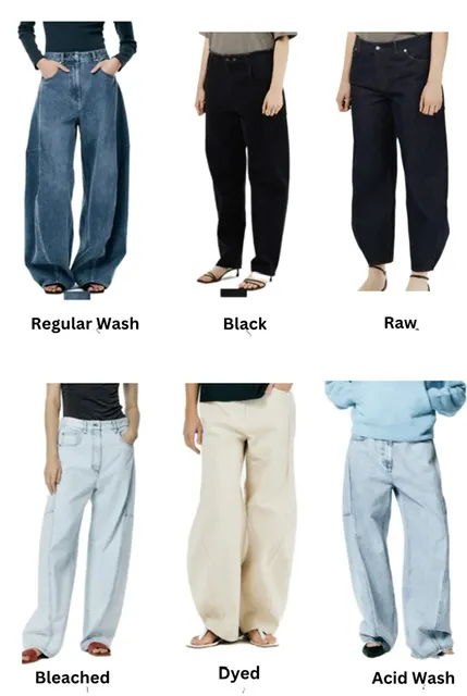 Different styles of wide-leg jeans in various colors and washes.