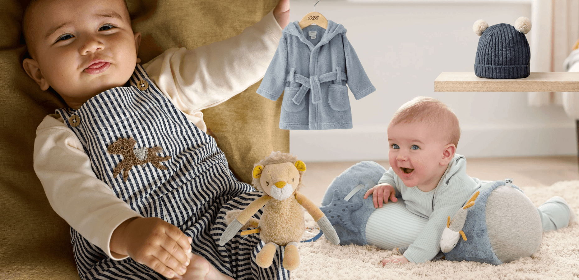 Two babies in cute outfits with toys in a cozy indoor setting.