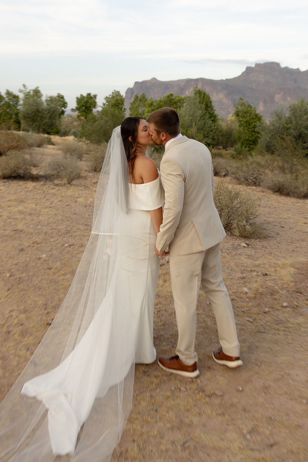 Bride and groom sharing a kiss outdoors, with a scenic backdrop.
