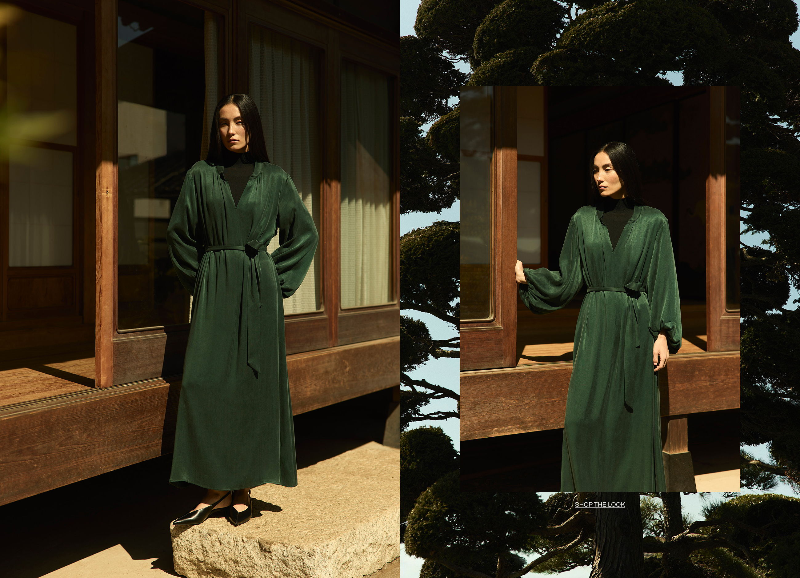 A woman in a green dress standing outside a modern wooden building.