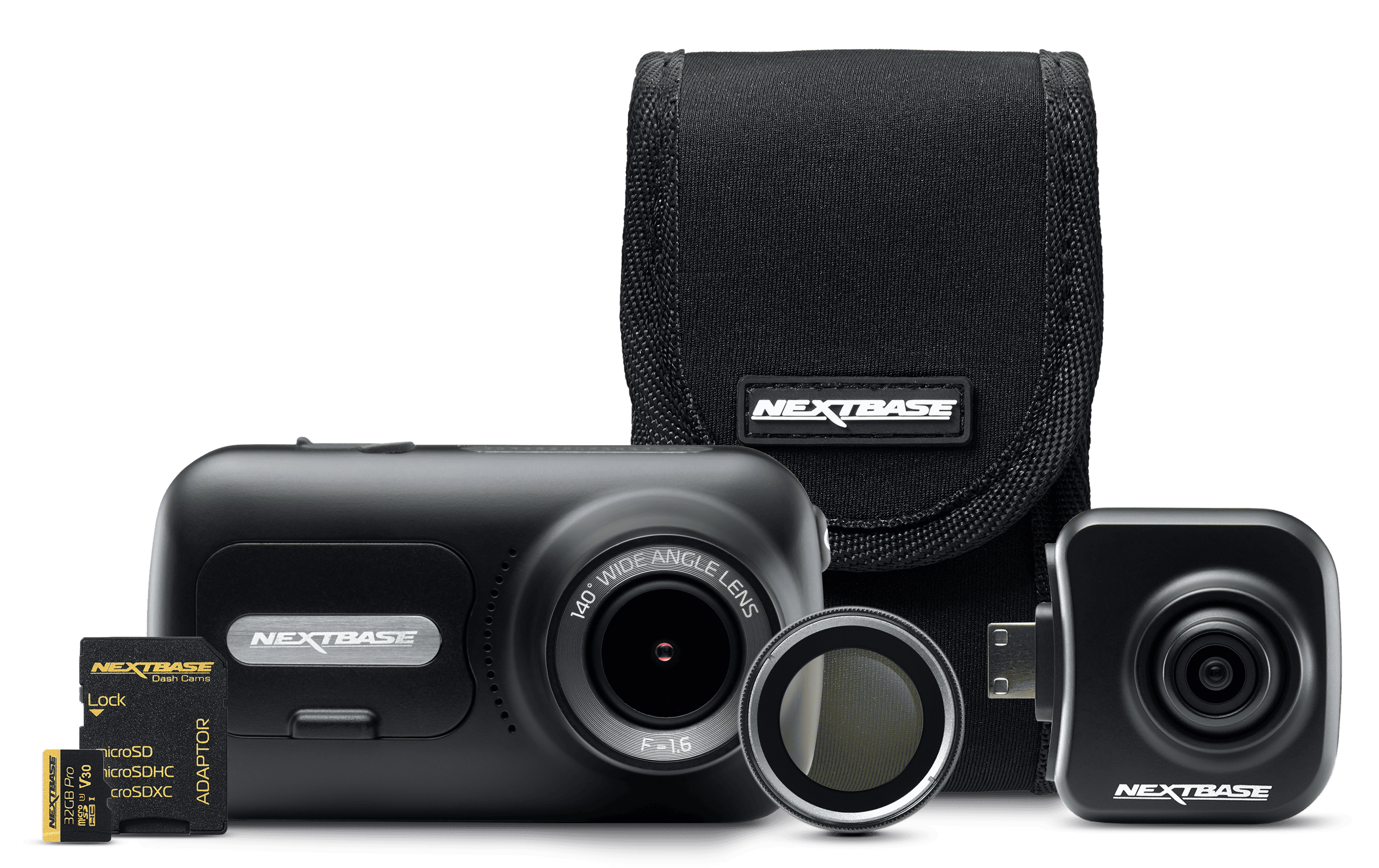 Camera set with accessories including a lens, memory card, and carrying case.